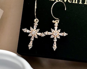 Gold Cross Dangle Earrings: Pave CZ Diamond, Religious Charm, Vintage Luxurious Jewelry