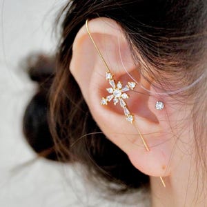 CZ Cross Ear Pin, Unique Threader Gold Ear Cuff Style, Gold Cross Needle Earrings, Ear Needle Piercing, Religious Crossing Charm Earrings