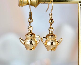 Gold Vintage Teapot Earrings, 3D Tea Kettle Charm, Silver Tone, Cottagecore Jewelry