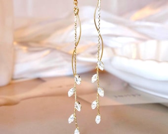 Gold Crystal Olive Leaf Long Dangle Drop Earrings, Gold Leaf Earrings, Crystal Leaves Earrings, Wedding Bridesmaid Earrings, Gift for Her