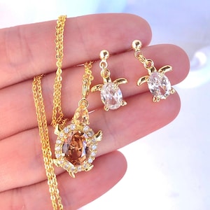 Gold CZ Sea Turtle Studs Earrings: Dangle drop Earring, Ocean Jewelry Set
