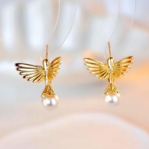 Gold Hummingbird Earrings: Swarovski Pearl Drop Stud, Thin Open Cuff Bangle, Bird Lover Jewelry