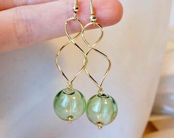 Hand Blown Glass Ball Drop Earrings, Gold Spiral Dangle Earrings, Minimalist Glass Jewelry, Hollow Glass ball, Sphere Bubble Earrings
