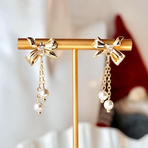 Gold Danity Pearl Drop Bow Earrings, Gold Ribbon Earrings, Bridesmaid Earrings, Coquette Gold Stud, Christmas Gift for Her, Wedding Earrings