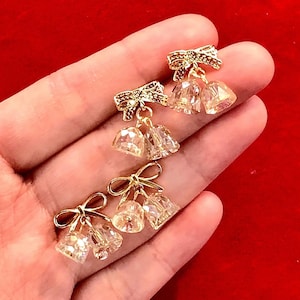 Christmas Swarovski Jingle Bell Dangle Earring, Gold Bow Tie Earrings, Gift for Her