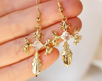Vintage Gold Cross Drop Earrings, Cross Dangle Earring, Zircon Cross Earring, Cross Jewelry, Religious Christian Jewelry, Gift for Her