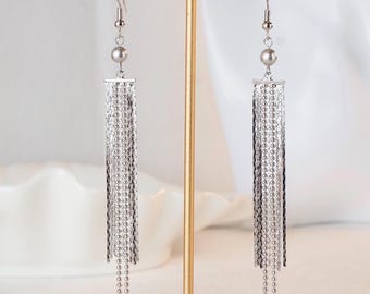 14K Gold Plated or Silver Metal Tassel Earrings: Long Waterfall Dangle Earrings