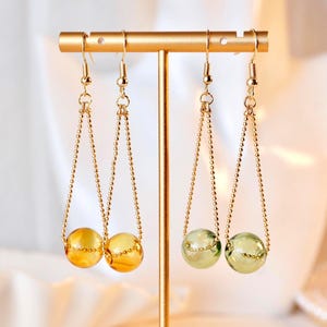 Minimalist Hand Blown Glass Ball Dangle Drop Earrings with Long Chain Tassel