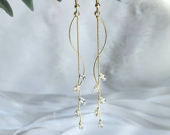 Olive Leaves Earring, Crystal Leaves Drop Earring, Gold Long Leaf Dangle Earring, Crystal Leaf Drop Earring, Wedding Jewelry, Bridal Earring