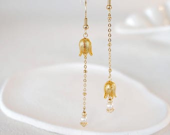 Gold Vintage Tulip Dangle Earrings, Dainty Flower Pearl Drop, Handmade Bridesmaid Earring