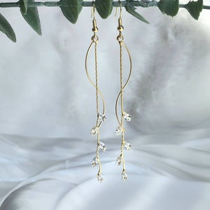 Olive Leaves Earring, Crystal Leaves Drop Earring, Gold Long Leaf Dangle Earring, Crystal Leaf Drop Earring, Wedding Jewelry, Bridal Earring