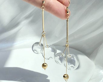 Handmade Clear Glass Ball Drop Earring, Long Glass Bubble Bead Earring, Statement Glass Ball Drop Earring, Unique Clear Glass Ball Earring