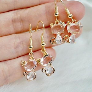 Kitty Rhinestone Dangle Earrings, Gold Cat Earrings, Cute Kitten Earrings, Sparkle Cat Earrings, Cat Lover Earring, Animal Gift for Her, 30