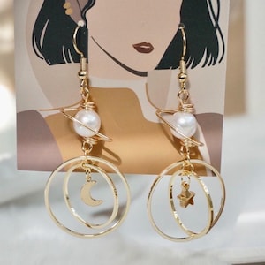 Gold Pearl Planet Earrings, Pearl Planet Galaxy with Star &Moon Dangled Earring, Orbit Earrings, Universe Statement Earrings, Sci Fi Fans 13