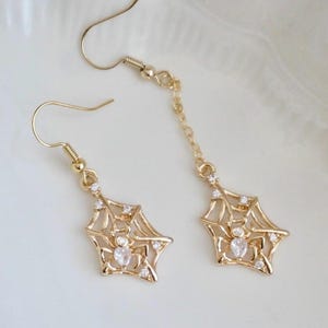 Gold CZ Spider Drop Earrings: Mismatched Dangle Earrings, Insect Lover, Halloween Jewelry,