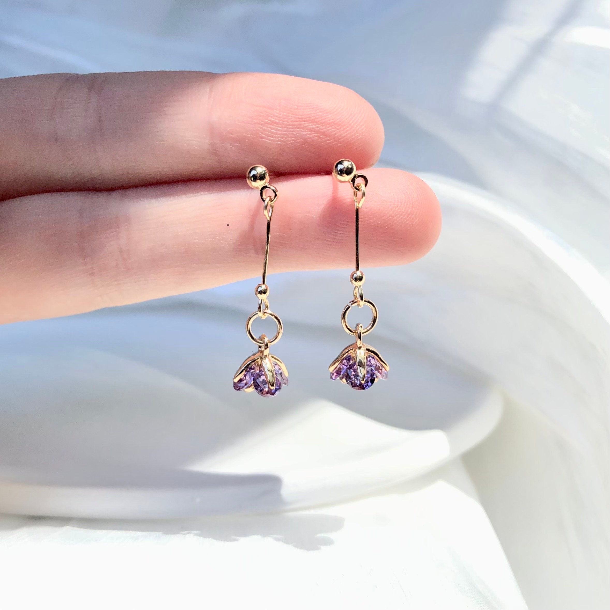 Rose Flower Crystal Dangle Drop Earrings For Women – Long Stud Earrings – Purple Or Red – Wedding Party UK