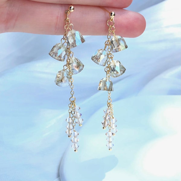 Crystal Wind Chime Long Dangle Earrings, Swarovski Crystal Wind Bell Dangle Earrings, Christmas Wind Bell Drop Earrings, Gift for Her,