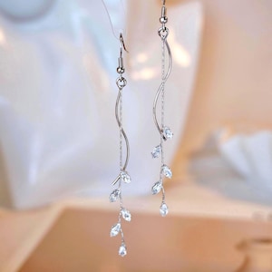 Silver Leaf Vine Bridal Long Dangle Earrings, Crystal Wedding Earring, CZ Leaf Tassel Earring, Olive Leaves Earring, Silver Bridal Jewelry