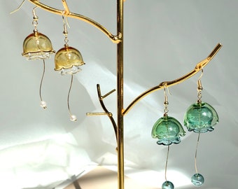 Lily Of the Valley Dangle Earring, Wind Chime Earring, Green Bellflower Earring, Glass Flower Earring, Unique blow bubble glass earring 55