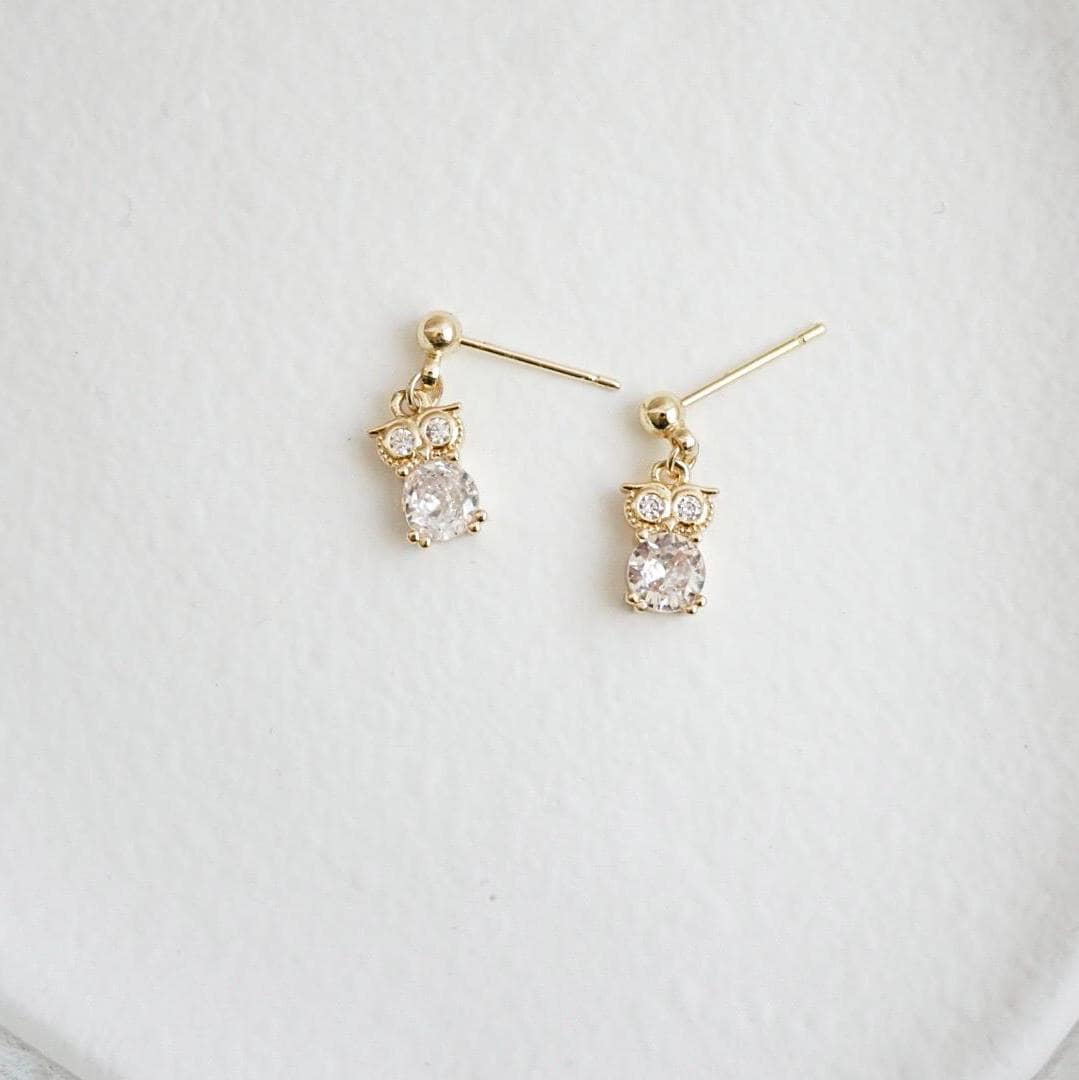 Gold Dainty Tiny CZ Owl Stud Earrings, Minimalist Animal Earring, Halloween Jewelry