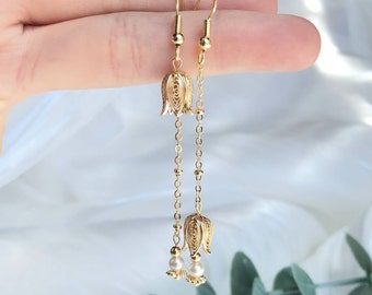 Vintage Gold Tulip Dangle Earrings, Gold Tulip Flower Pearl Drop Earrings, Dainty Tulip Earrings, Flower Drop Earrings, Bridesmaid Gift,