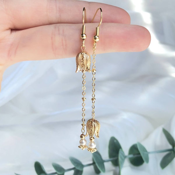 Vintage Gold Tulip Dangle Earrings, Gold Tulip Flower Pearl Drop Earrings, Dainty Tulip Earrings, Flower Drop Earrings, Bridesmaid Gift,