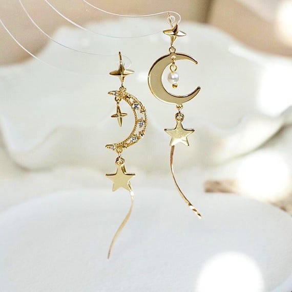Gold Plated Gold Moon And Star Dangle Earrings Gold Star Moon