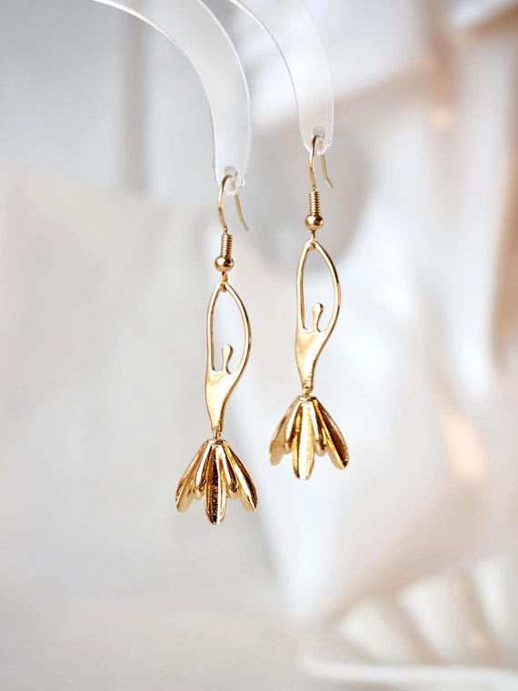 Gold Ballet Girl Drop Earrings, Golden Ballerina Dangle Earrings