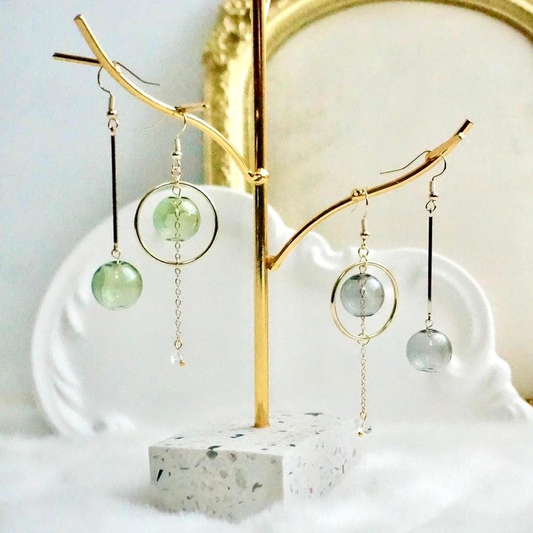 Handmade Clear Drop Earrings, Long Asymmetric Glass Bead Earrings, Sphere bubble earrings, Hollow glass bubble, Minimalist bubble Earrings 4