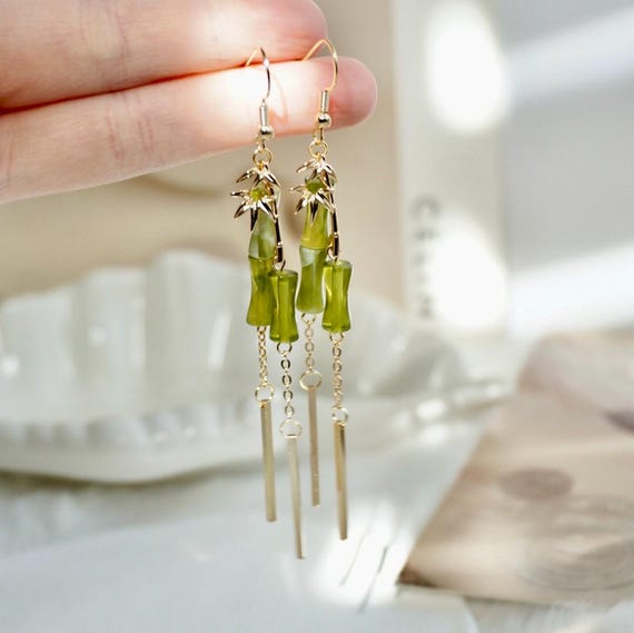 Gold Bamboo Long Dangled Drop Earrings, Bamboo Handmade Zen  