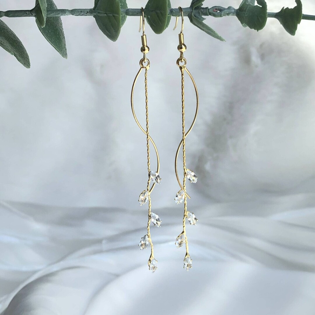 Olive Leaves Earring, Crystal Leaves Drop Earring, Gold Long Leaf