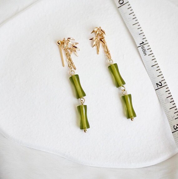 Gold Bamboo Long Dangled Drop Earrings, Bamboo Handmade Zen  