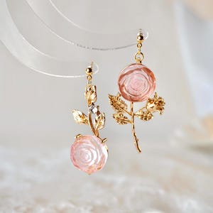 Romantic Flower Stud Earring, Vintage Asymmetry Pink Flower Drop Earring, Gold Flower Leaf Dangle Earring, Pink Rose Stud Floral Earring, 42