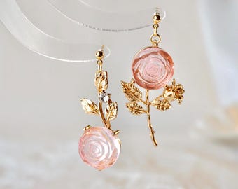 Vintage Asymmetry Romantic Pink Rose Flower Drop Earring: Bridesmaid Earrings