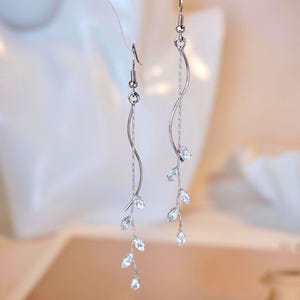 Silver Leaf Vine Bridal Long Dangle Earrings, Crystal Wedding Earring, Long Leaf Tassel Earring, Olive Leaves Earring, Silver Bridal Jewelry