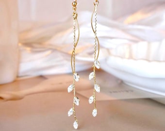 Gold Crystal Olive Leaf Long Dangle Drop Earrings, Gold Leaf Earrings, Crystal Leaves Earrings, Wedding Bridesmaid Earrings, Gift for Her