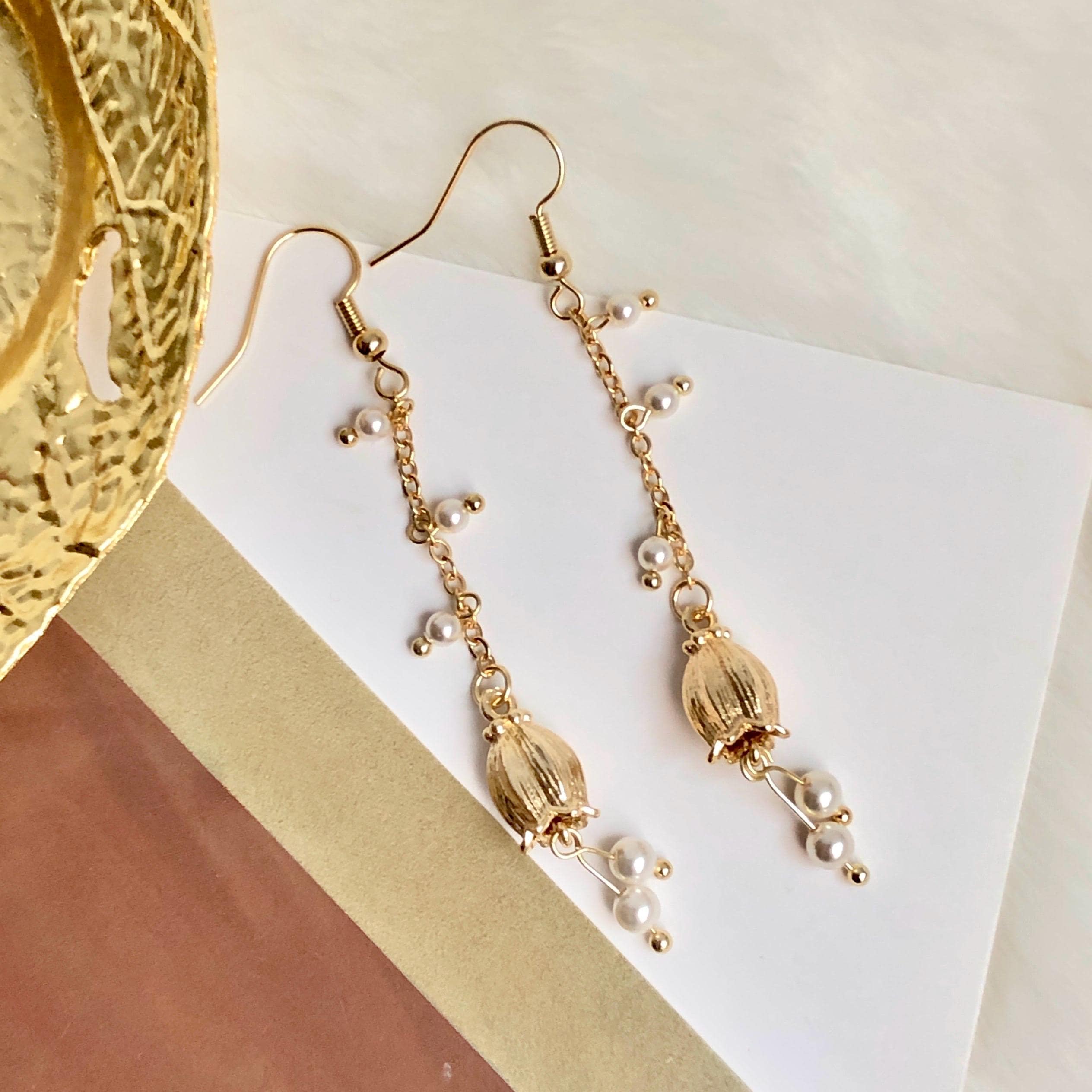 Gold Lily of the Valley Flower With Swarovski Pearl Drop