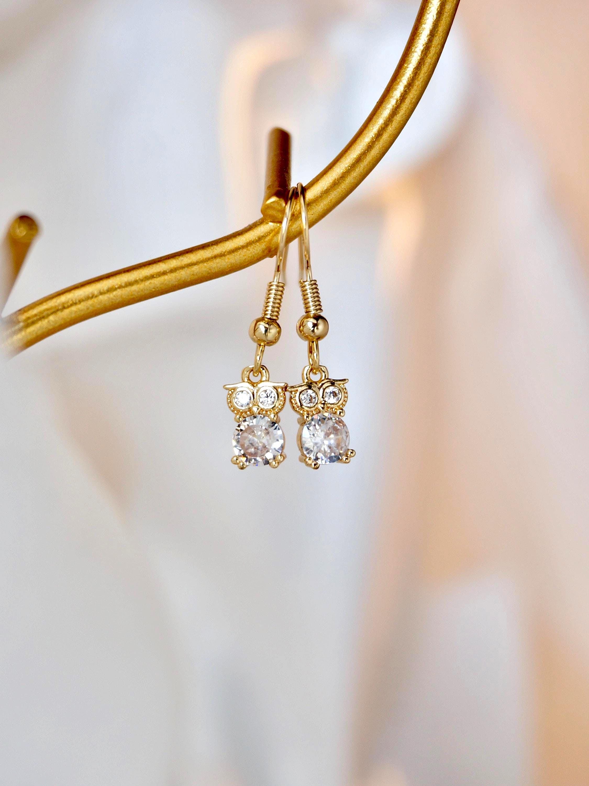 Gold Tiny CZ Owl Stud Earrings, Minimalist Animal Earring, Dainty Halloween Jewelry