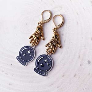 Magic Crystal Ball Earrings Gold and Black Quirky Stainless Steel Dangle Swing Earrings Witchy Psychic Seance Halloween Occult Goth Jewelry