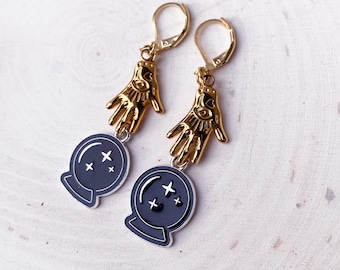 Magic Crystal Ball Earrings Gold and Black Quirky Stainless Steel Dangle Swing Earrings Witchy Psychic Seance Halloween Occult Goth Jewelry