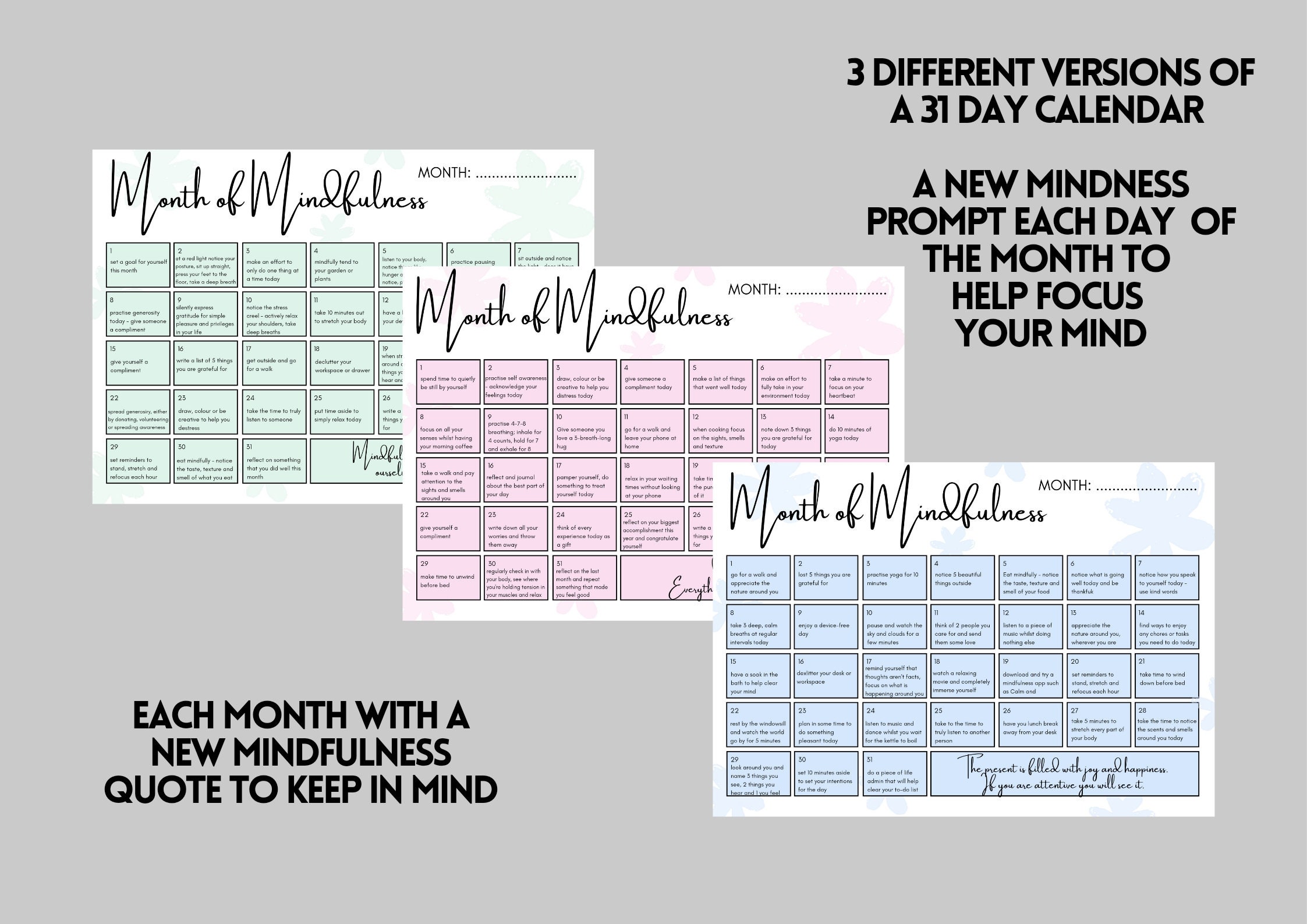Printable Mindfulness Calendar Bundle Mindfulness Etsy