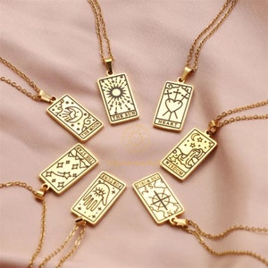 Tarot card necklace, mystic gold & silver pendants. Zodiac jewelry, amulets.