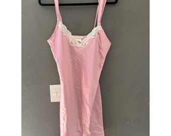 California Dynasty Vintage 70s Pink Satin Lace Trim Chemise Nightgown Slip M
