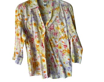 Talbots Womens Floral Print Button Down Shirt S White Pink Yellow Cotton Spring