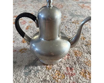 TKP Handmade Indonesia Pewter Teapot Woven Handle Vintage 8.5 Inch Silver Tone
