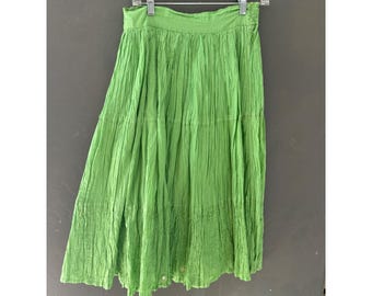 Jane Ashley Vintage Green Cotton Maxi Skirt Boho Tiered Crinkle Sequin Hem L