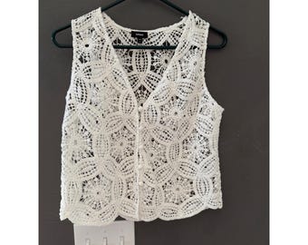 Express Y2k Womens White Crochet Button Front Vest Top Medallion Lace Size M