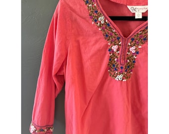 Krazy Kat Womens Coral Pink Embroidered Beaded Fairy 3/4 Sleeve Cotton Tunic L