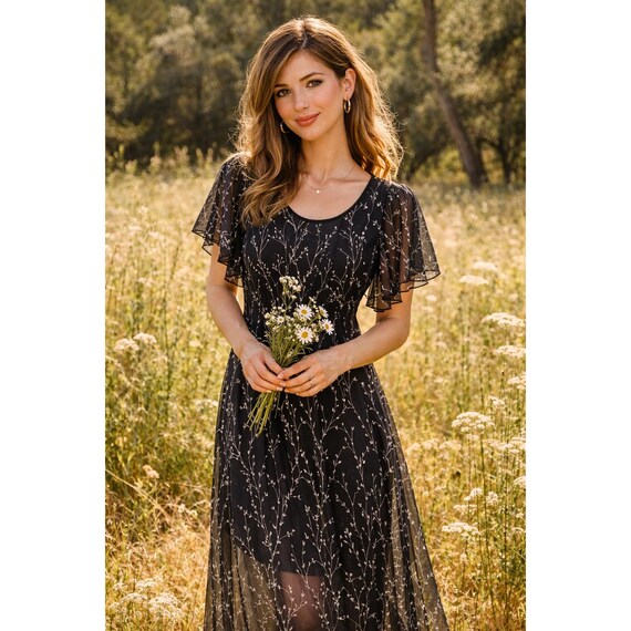 jessica howard blue floral dress Vintage Y2k Sheer Flutter Sleeve Midi Cottage this gown features