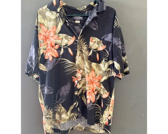 St Johns Bay Mens Large Vintage 90s Silk Tropical Floral Hawaiian Shirt Navy